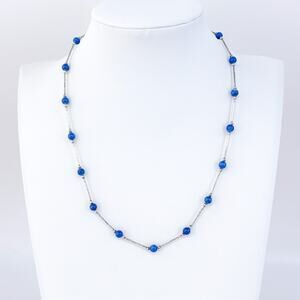 Vintage Sterling Silver 925 Liquid Silver Blue Glass Bead Necklace 16"